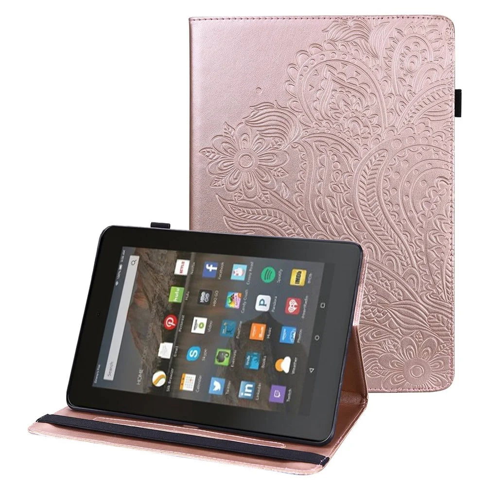PU Leather Imprinting Flower Case for Amazon Fire 7 (2022), Card Holder Stand Tablet Cover with Elastic Band Closure - Rose Gold - 1