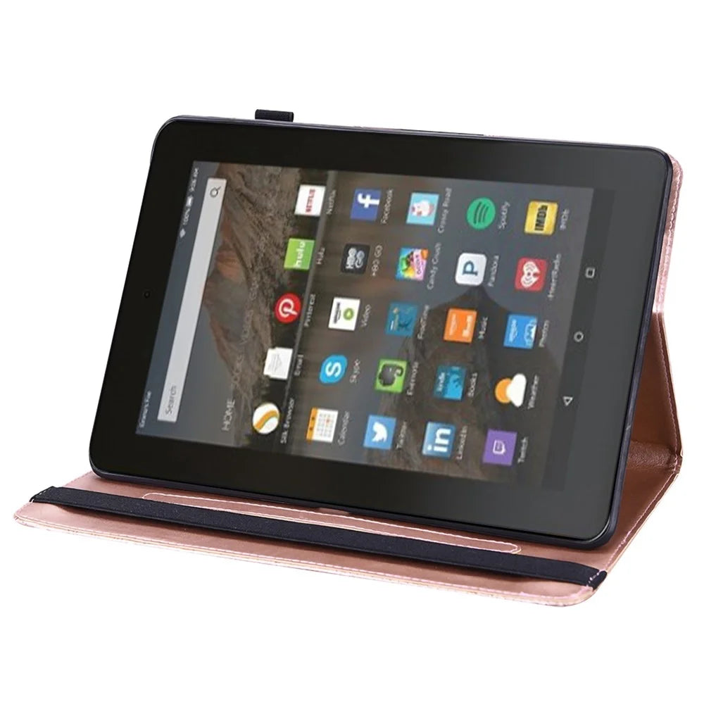 PU Leather Imprinting Flower Case for Amazon Fire 7 (2022), Card Holder Stand Tablet Cover with Elastic Band Closure - Rose Gold - 2