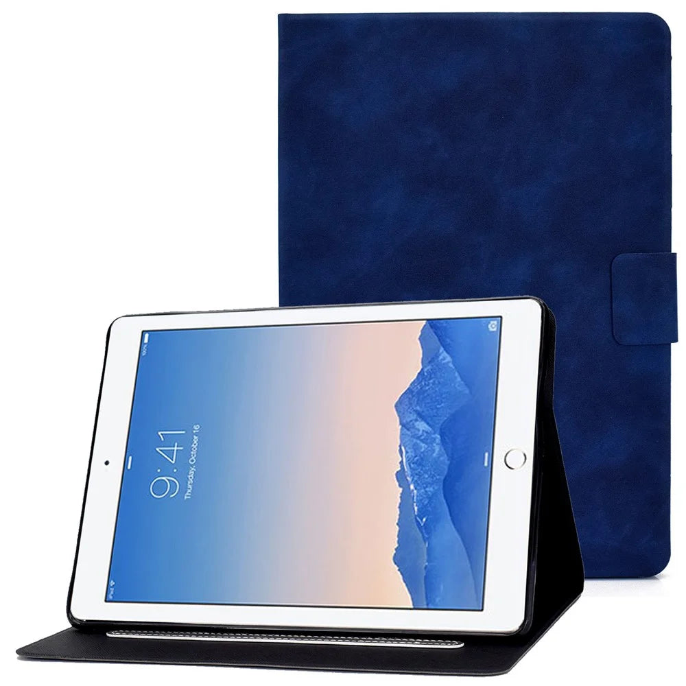 For iPad Air (2013) / Air 2 / iPad 9.7-inch (2017) / (2018) Shockproof Case Cowhide Texture PU Leather Tablet Folio Flip Cover Well-Protection Stand Case with Card Holder - Blue - 1