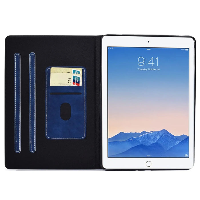 For iPad Air (2013) / Air 2 / iPad 9.7-inch (2017) / (2018) Shockproof Case Cowhide Texture PU Leather Tablet Folio Flip Cover Well-Protection Stand Case with Card Holder - Blue - 2