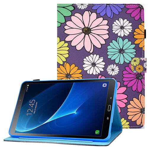 For Samsung Galaxy Tab A 10.1 (2016) (T580 / T585) Shockproof PU Leather Tablet Case Stitching Pattern Printed Magnetic Closure Tablet Stand Cover with Card Slots - Daisies - 1