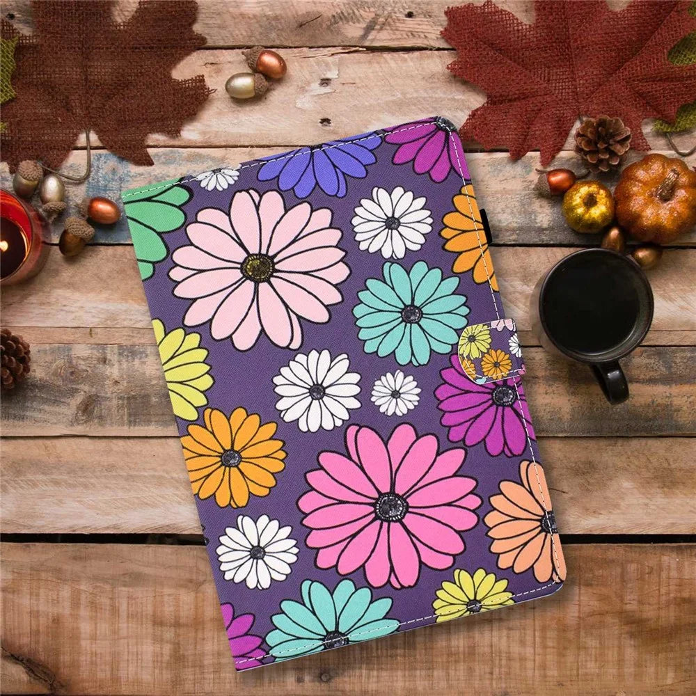 For Samsung Galaxy Tab A 10.1 (2016) (T580 / T585) Shockproof PU Leather Tablet Case Stitching Pattern Printed Magnetic Closure Tablet Stand Cover with Card Slots - Daisies - 7