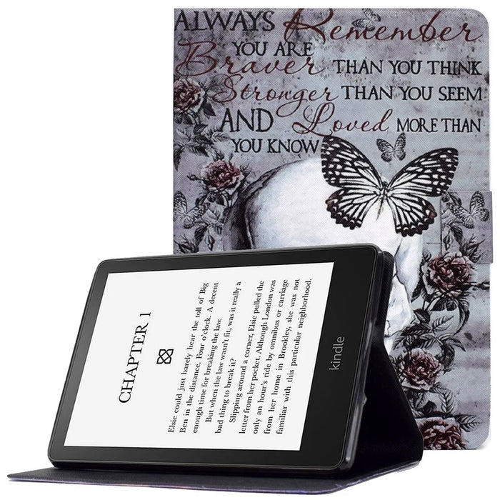 For Amazon Kindle Paperwhite 5 (2021) Pattern Printing Tablet Case PU Leather Card Slots Stand Cover Magnetic Shell Cover - Skull - 1