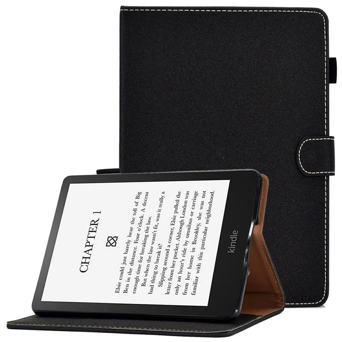 For Amazon Kindle Paperwhite 5 (2021) Solid Color Magnetic Clasp Stand Case PU Leather Shockproof Cover with Card Slots - Black - 1