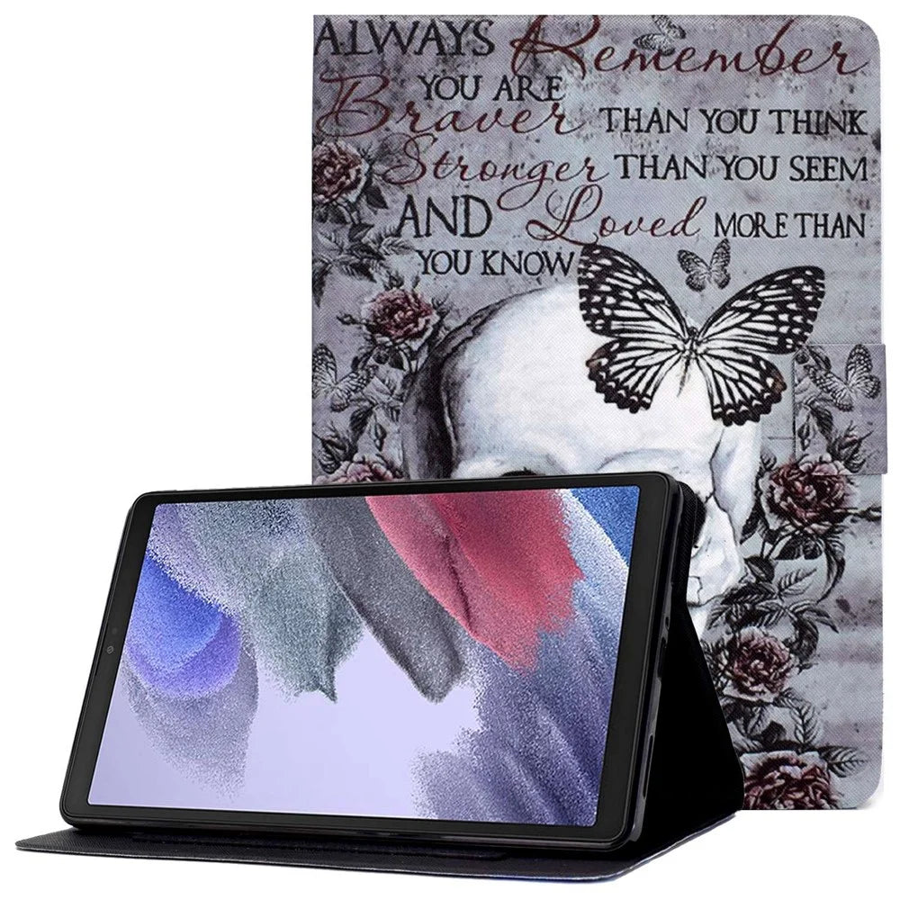 For Samsung Galaxy Tab A7 Lite 8.7-inch T220 / T225 Card Slots Design Pattern Printing PU Leather Cover Tablet Shockproof Shell Case with Adjustable Stand - Skull - 1