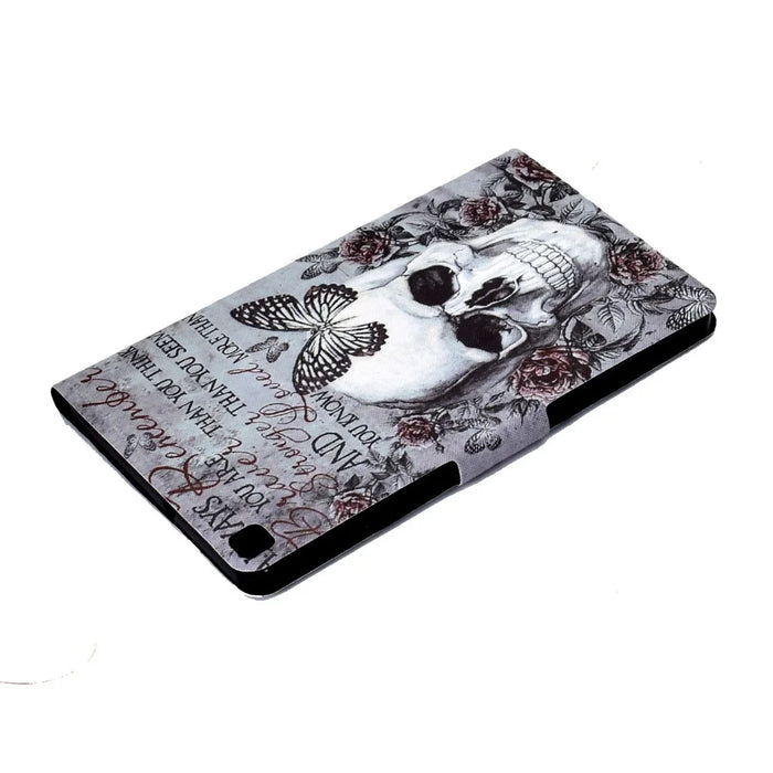 For Samsung Galaxy Tab A7 Lite 8.7-inch T220 / T225 Card Slots Design Pattern Printing PU Leather Cover Tablet Shockproof Shell Case with Adjustable Stand - Skull - 7
