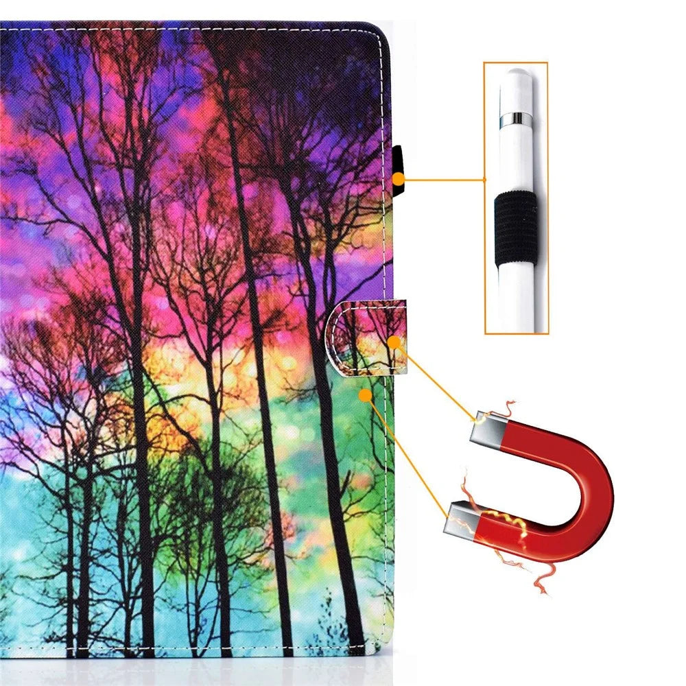 For Samsung Galaxy Tab A7 Lite 8.7-inch T220 / T225 Stitching PU Leather Viewing Stand Case Full Body Protection Pattern Printing Magnetic Cover with Card Slots / Pen Holder - Forest - 6