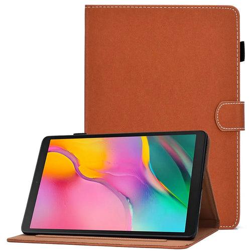For Samsung Galaxy Tab A 10.1 (2019) T510 / T515 PU Leather Solid Color Tablet Case Magnetic Clasp Adjustable Stand Cover with Card Slots - Brown - 1