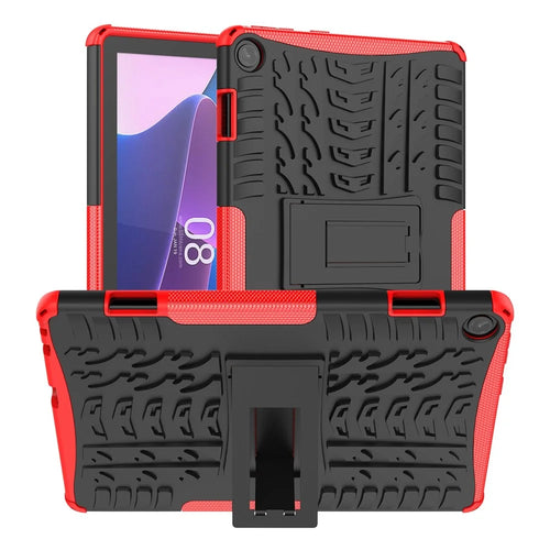 For Lenovo Tab M10 (Gen 3) TB-328FU / TB-328XU Tire Texture Anti-Slip Case Drop Protection Hybrid PC+TPU Shockproof Cover with Kickstand - Red - 1