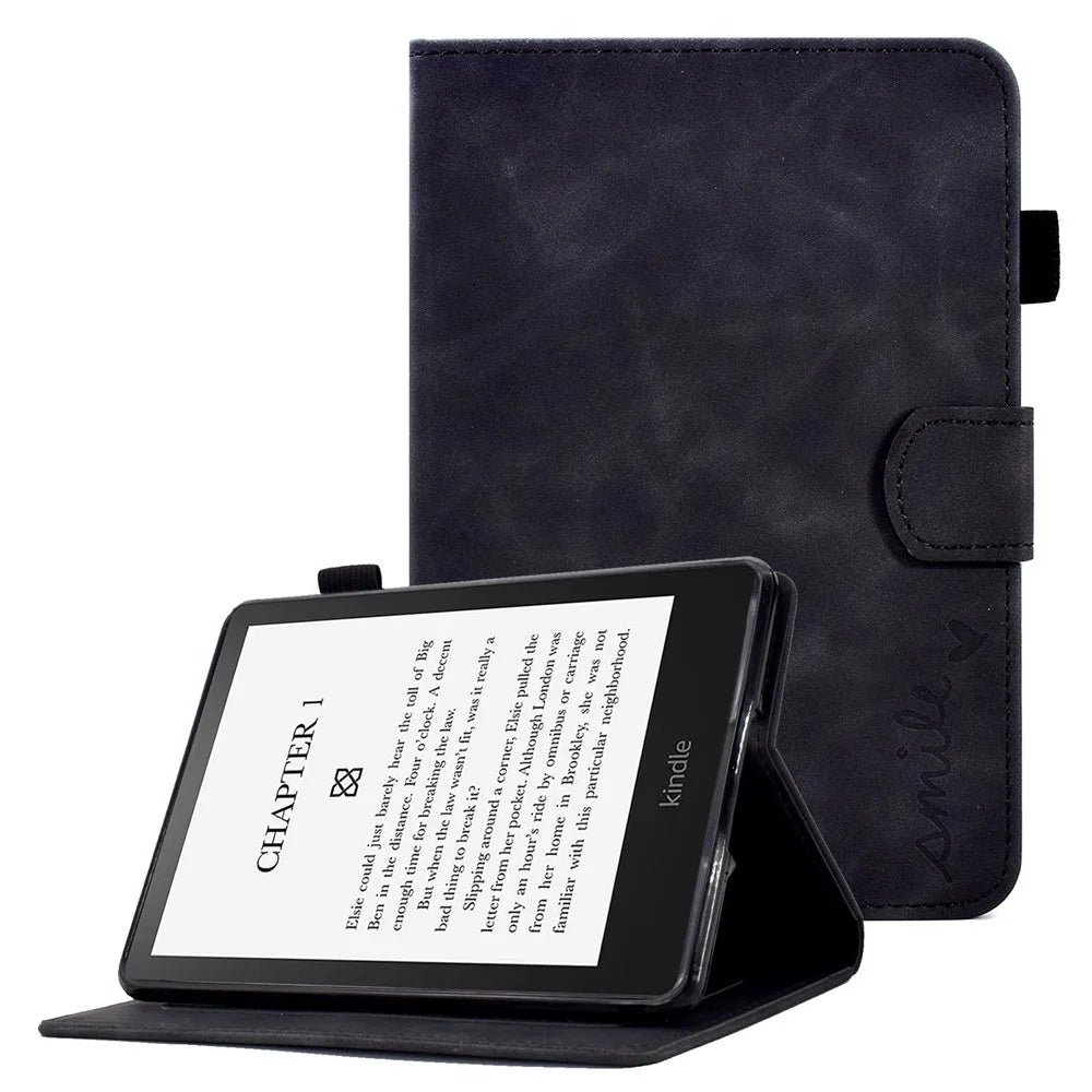 For Amazon Kindle Paperwhite 5 (2021) Love Heart Imprinted PU Leather Flip Stand Case Solid Color Card Holder Protective Cover - Black - 1