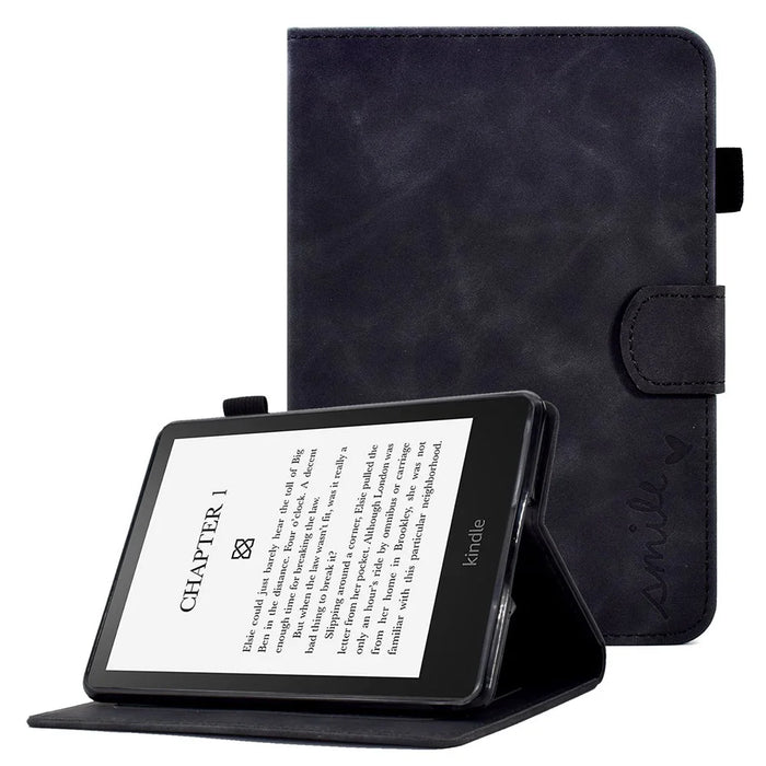 For Amazon Kindle Paperwhite 5 (2021) Love Heart Imprinted PU Leather Flip Stand Case Solid Color Card Holder Protective Cover - Black - 1