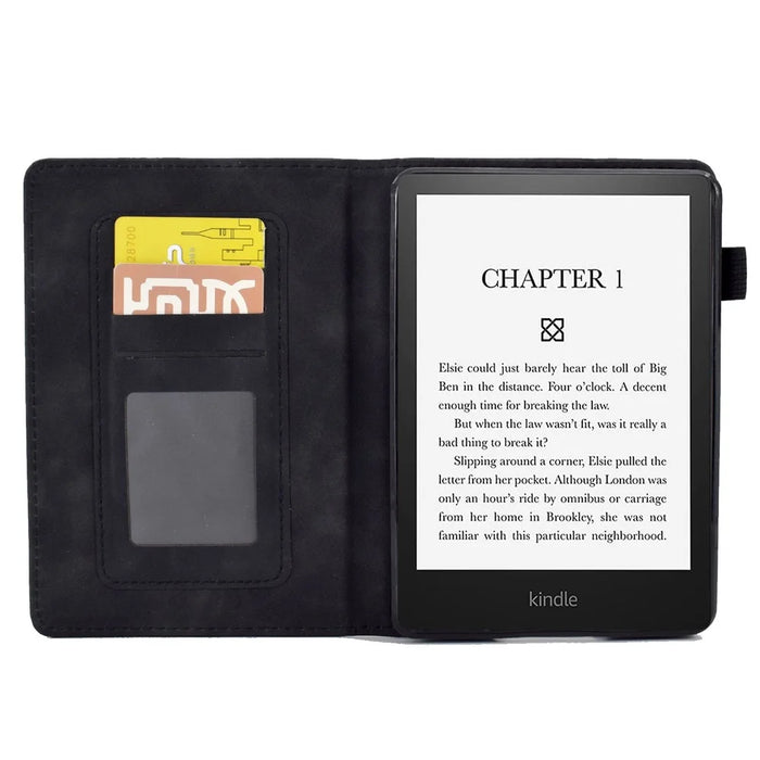 For Amazon Kindle Paperwhite 5 (2021) Love Heart Imprinted PU Leather Flip Stand Case Solid Color Card Holder Protective Cover - Black - 2