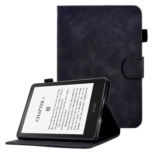 For Amazon Kindle Paperwhite (2015) / 2 (2015) / 3 (2015) / 4 (2018) Heart Shape Imprinted Solid Color PU Leather Flip Stand Protective Case with Card Slots - Black - 1