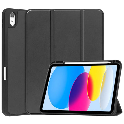 For iPad (2025) / iPad 10.9 (2022) Tri-Fold Stand Tablet Case Four Corner Anti-drop PU Leather Protective Cover with Pen Slot - Black - 1