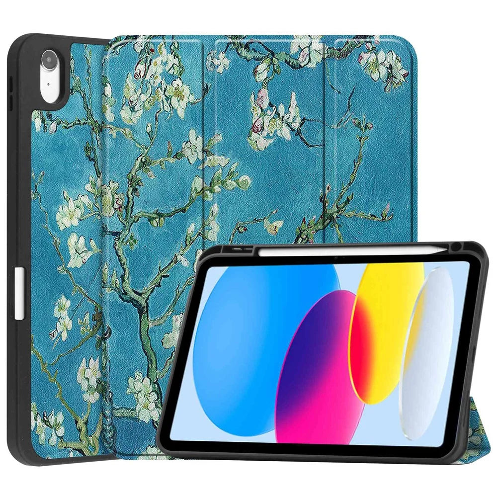 For iPad (2025) / 10.9 (2022) Pattern Printed Case PU Leather Smart Sleep Tablet Cover with Pen Slot - Plum Blossom - 1
