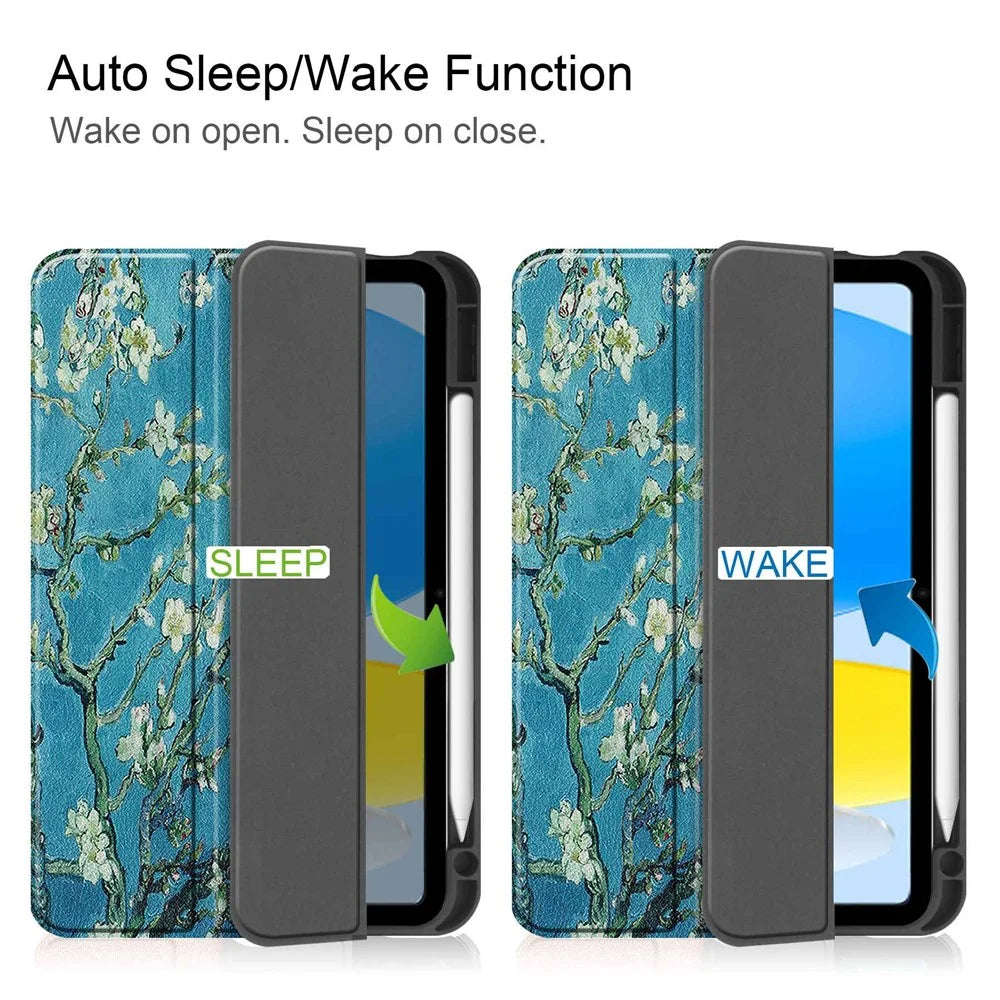 For iPad (2025) / 10.9 (2022) Pattern Printed Case PU Leather Smart Sleep Tablet Cover with Pen Slot - Plum Blossom - 2