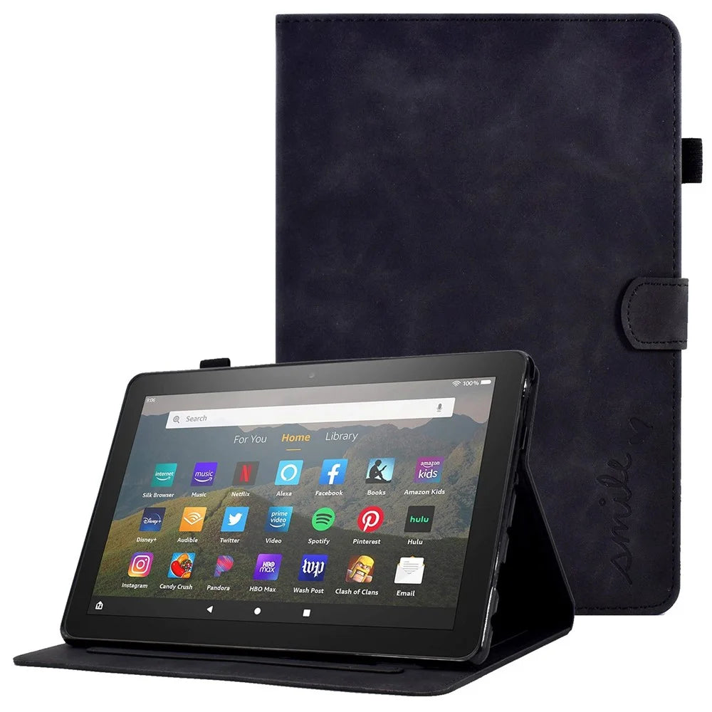 For Amazon Fire HD 8 (2020) Solid Color Heart Shape Imprinted PU Leather Shockproof Cover Card Slots Design Foldable Stand Protective Case - Black - 1