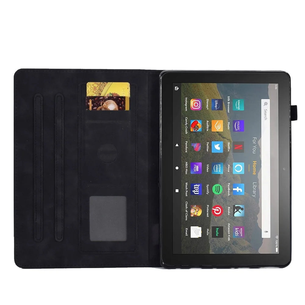 For Amazon Fire HD 8 (2020) Solid Color Heart Shape Imprinted PU Leather Shockproof Cover Card Slots Design Foldable Stand Protective Case - Black - 2