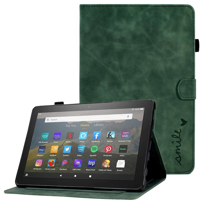 For Amazon Fire 7 (2022) Solid Color Imprinted PU Leather Drop-proof Cover Card Slots Design Flip Stand Protective Case - Green - 1