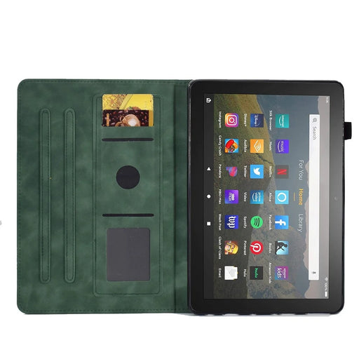 For Amazon Fire 7 (2022) Solid Color Imprinted PU Leather Drop-proof Cover Card Slots Design Flip Stand Protective Case - Green - 2