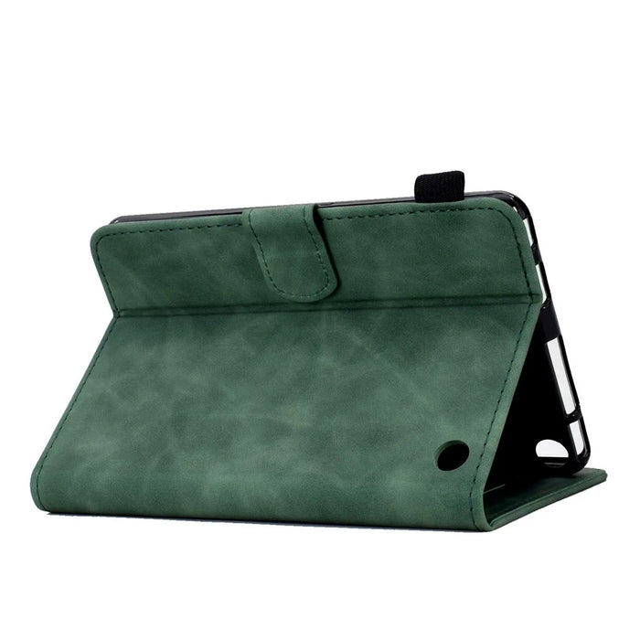 For Amazon Fire 7 (2022) Solid Color Imprinted PU Leather Drop-proof Cover Card Slots Design Flip Stand Protective Case - Green - 4