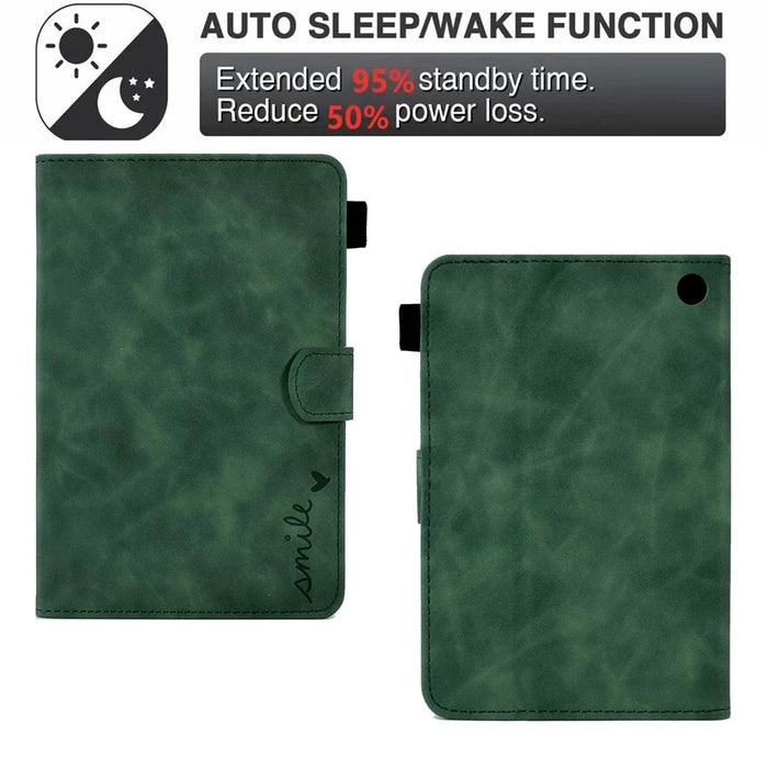 For Amazon Fire 7 (2022) Solid Color Imprinted PU Leather Drop-proof Cover Card Slots Design Flip Stand Protective Case - Green - 6