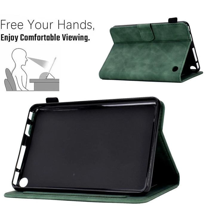 For Amazon Fire 7 (2022) Solid Color Imprinted PU Leather Drop-proof Cover Card Slots Design Flip Stand Protective Case - Green - 7