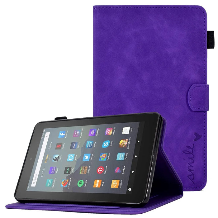 For Amazon Fire 7 (2015) / (2017) / (2019) Heart Shape Imprinted Full Protection Shell Solid Color PU Leather Stand Protective Case with Card Slots - Purple - 1