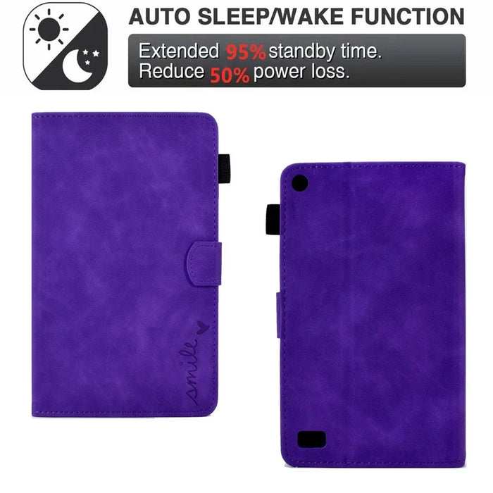 For Amazon Fire 7 (2015) / (2017) / (2019) Heart Shape Imprinted Full Protection Shell Solid Color PU Leather Stand Protective Case with Card Slots - Purple - 5