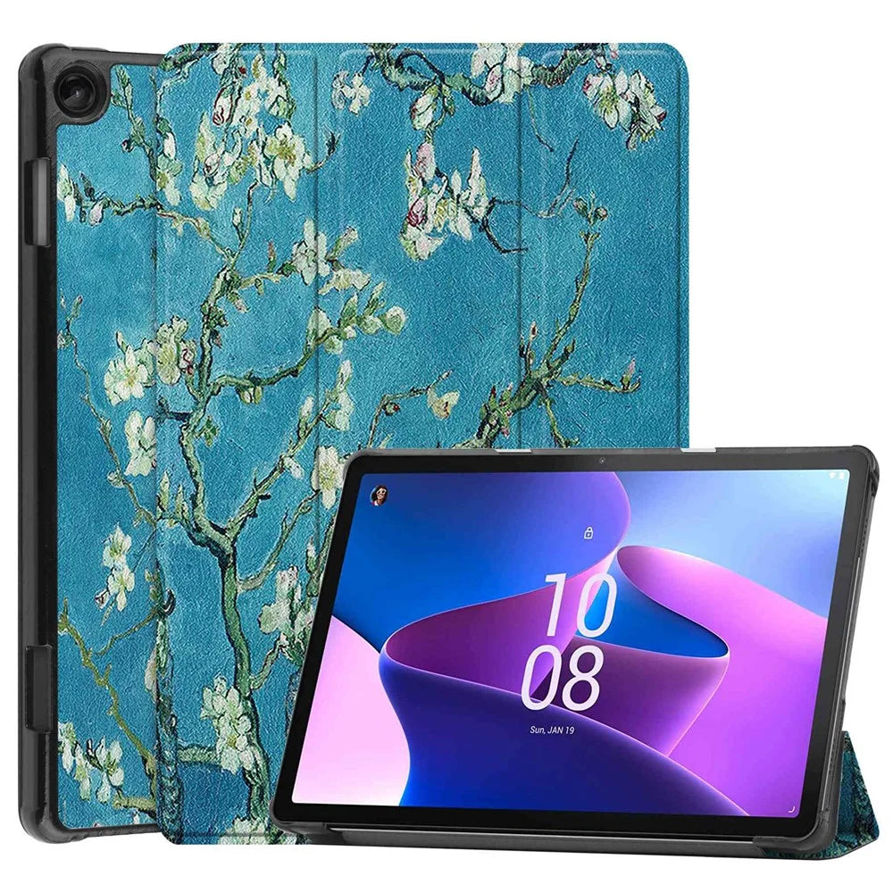For Lenovo Tab M10 (Gen 3) TB-328FU / TB-328XU Pattern Printing Tablet Case PU Leather Trifold Stand Cover with Auto Wake / Sleep - Apricot Blossom - 1