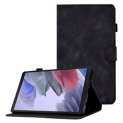 For Samsung Galaxy Tab A7 Lite 8.7-inch Pattern Imprinted Anti-Fall Leather Case Solid Color Protective Folio Flip Cover Tablet Stand Case with Card Slots - Black - 1