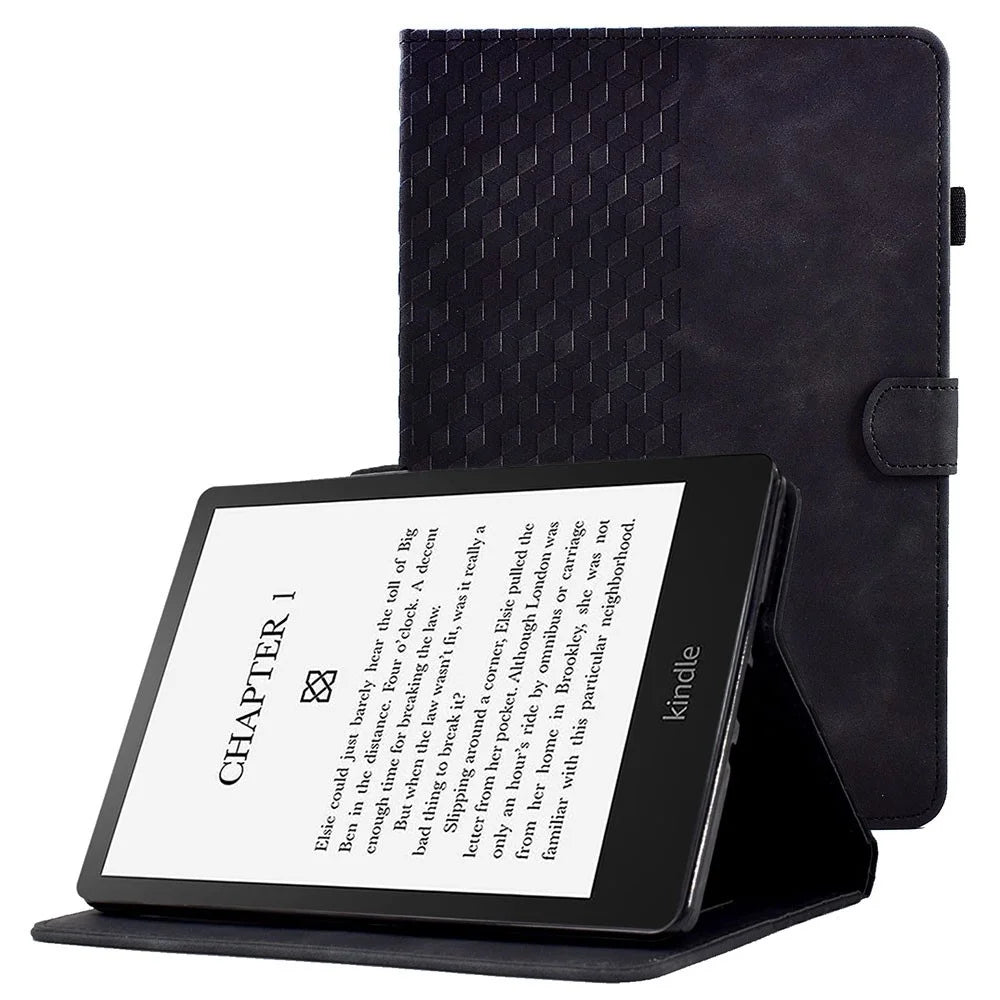 For Amazon Kindle Paperwhite 5 (2021) Anti-Drop Leather Case Auto Wake / Sleep Shockproof Cover Solid Color Pattern Imprinted Tablet Protector with Card Slots / Stand - Black - 1