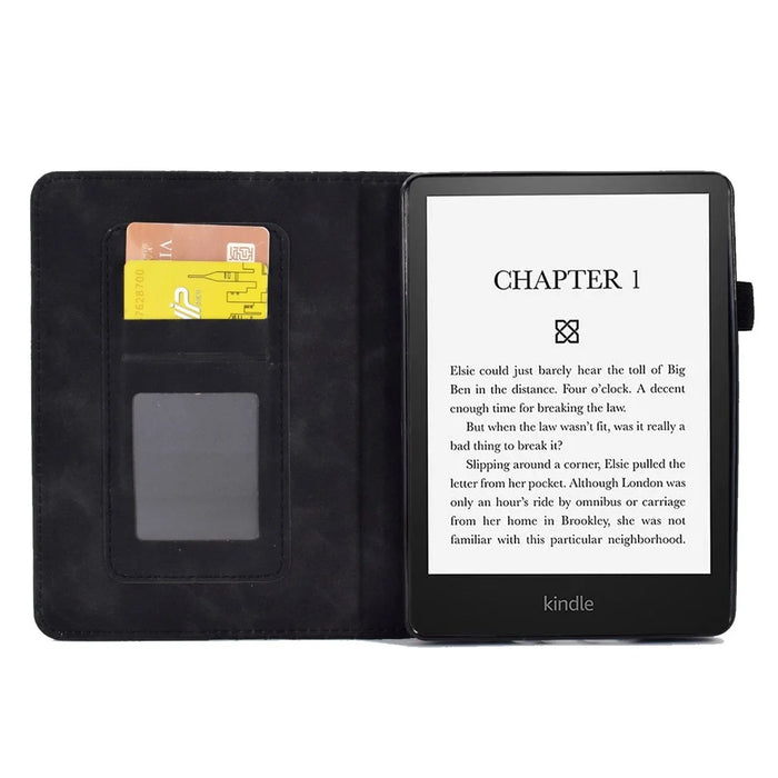 For Amazon Kindle Paperwhite 5 (2021) Anti-Drop Leather Case Auto Wake / Sleep Shockproof Cover Solid Color Pattern Imprinted Tablet Protector with Card Slots / Stand - Black - 2