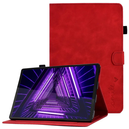For Lenovo Tab M10 Plus Auto Sleep / Wake Up Smart Tablet Protection Cover Stand Built-in Card Slots Imprinted Pattern Leather Case - Red - 1