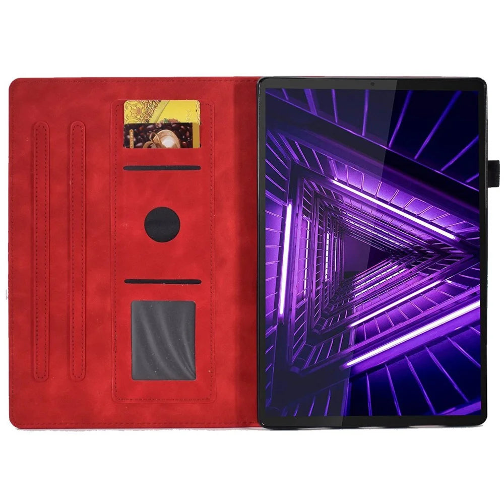 For Lenovo Tab M10 Plus Auto Sleep / Wake Up Smart Tablet Protection Cover Stand Built-in Card Slots Imprinted Pattern Leather Case - Red - 2