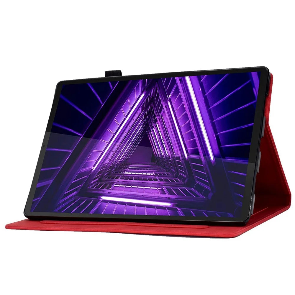 For Lenovo Tab M10 Plus Auto Sleep / Wake Up Smart Tablet Protection Cover Stand Built-in Card Slots Imprinted Pattern Leather Case - Red - 3