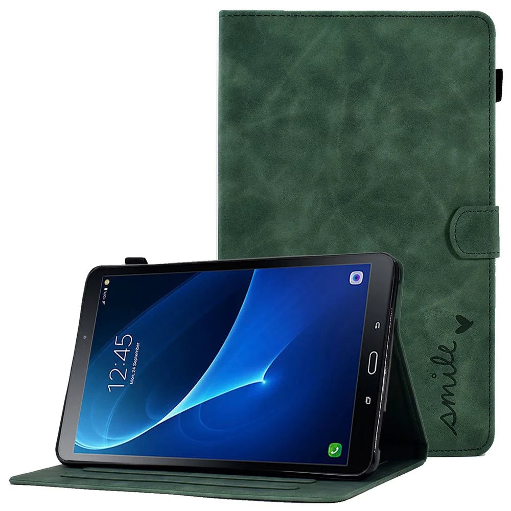 For Samsung Galaxy Tab A 10.1 (2016) T580 Smart Tablet Case Imprinted Pattern Leather Dustproof Solid Color Stand Cover with Card Slots - Green - 1