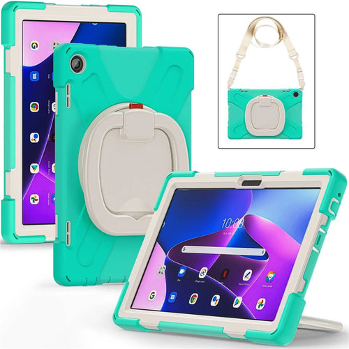 For Lenovo Tab M10 (Gen 3) TB-328FU / TB-328XU Rotary Kickstand Tablet Case PC + Silicone Anti-drop Hybrid Cover with Shoulder Strap - Mint Green - 1