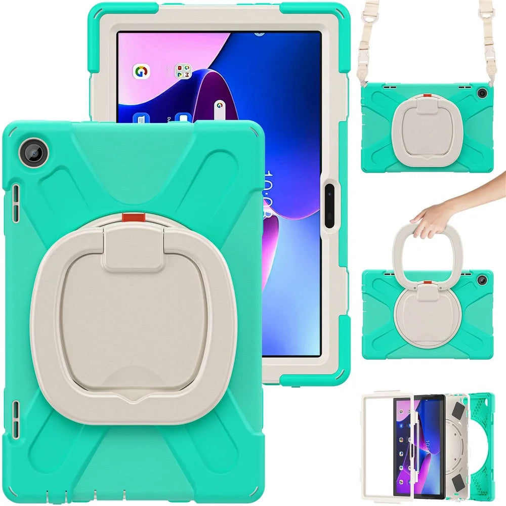 For Lenovo Tab M10 (Gen 3) TB-328FU / TB-328XU Rotary Kickstand Tablet Case PC + Silicone Anti-drop Hybrid Cover with Shoulder Strap - Mint Green - 3