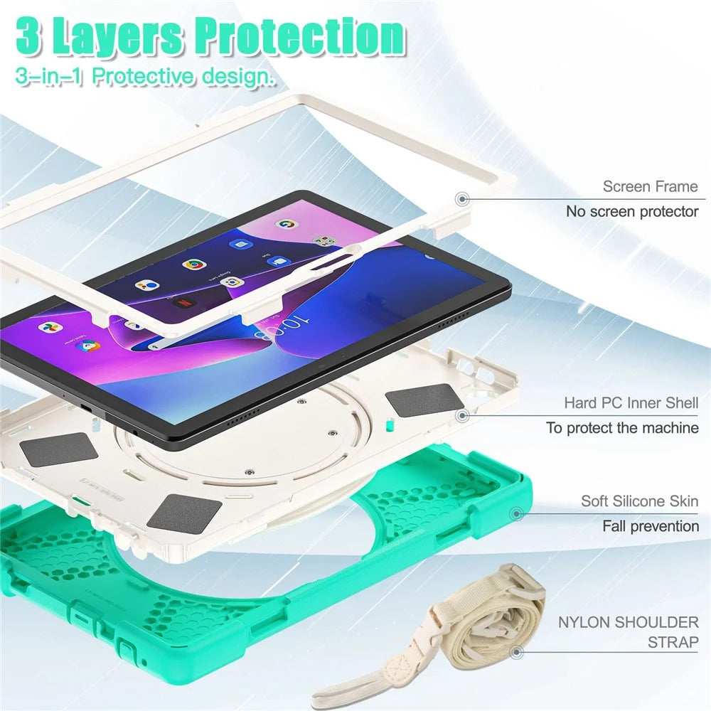 For Lenovo Tab M10 (Gen 3) TB-328FU / TB-328XU Rotary Kickstand Tablet Case PC + Silicone Anti-drop Hybrid Cover with Shoulder Strap - Mint Green - 4