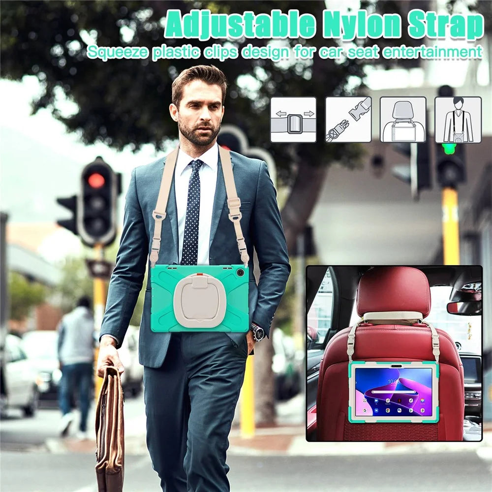 For Lenovo Tab M10 (Gen 3) TB-328FU / TB-328XU Rotary Kickstand Tablet Case PC + Silicone Anti-drop Hybrid Cover with Shoulder Strap - Mint Green - 5