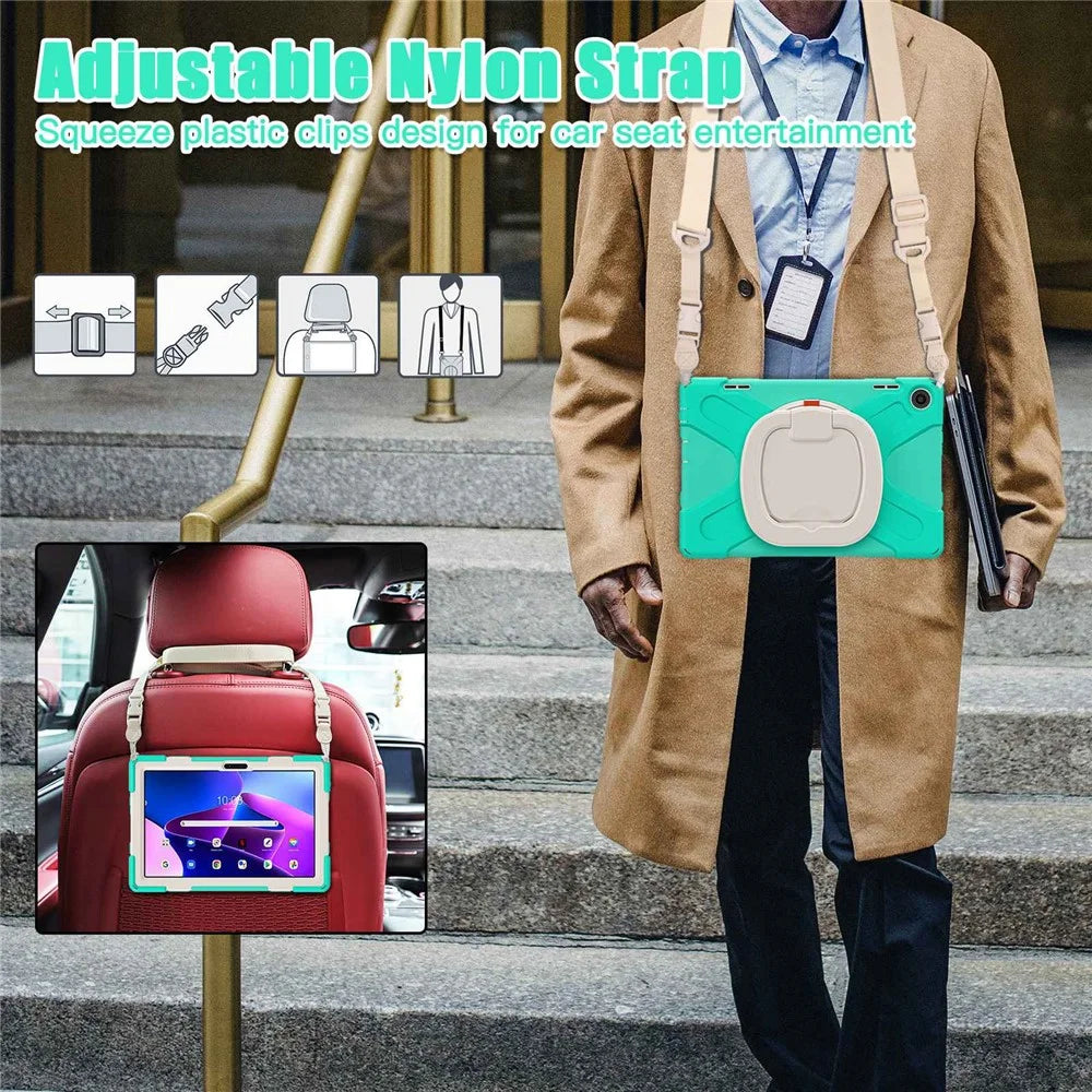 For Lenovo Tab M10 (Gen 3) TB-328FU / TB-328XU Rotary Kickstand Tablet Case PC + Silicone Anti-drop Hybrid Cover with Shoulder Strap - Mint Green - 6