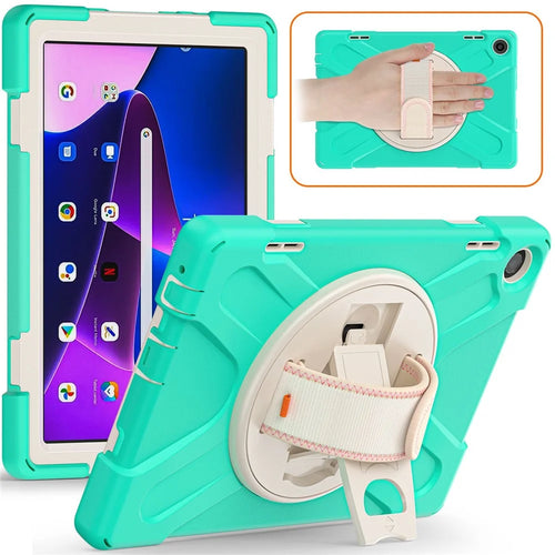 For Lenovo Tab M10 (Gen 3) TB-328FU / TB-328XU Kickstand 360 Degree Rotation Hand Strap Tablet Case PC + Silicone Protective Cover - Mint Green - 1