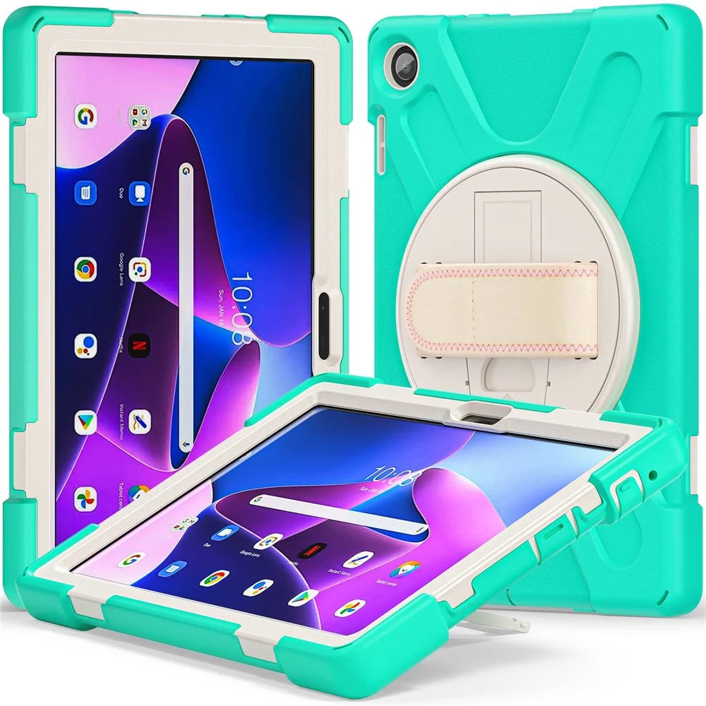 For Lenovo Tab M10 (Gen 3) TB-328FU / TB-328XU Kickstand 360 Degree Rotation Hand Strap Tablet Case PC + Silicone Protective Cover - Mint Green - 2