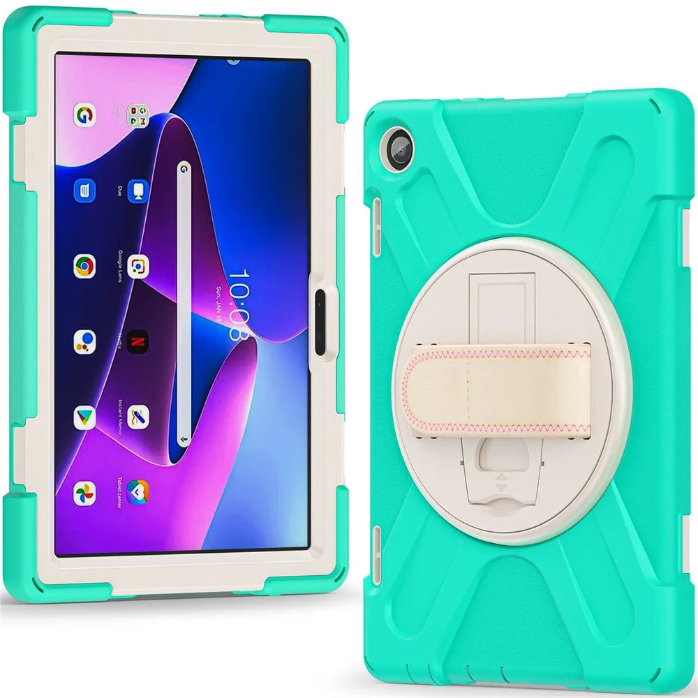 For Lenovo Tab M10 (Gen 3) TB-328FU / TB-328XU Kickstand 360 Degree Rotation Hand Strap Tablet Case PC + Silicone Protective Cover - Mint Green - 3