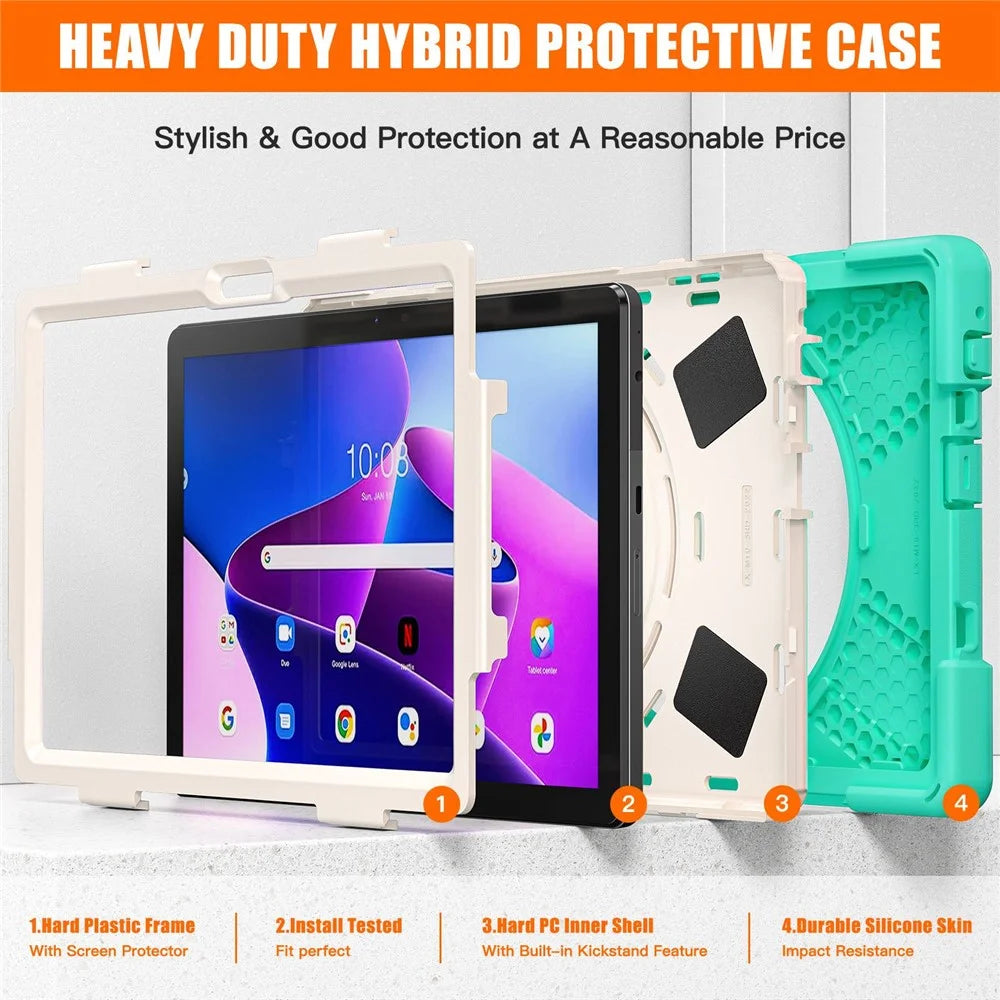For Lenovo Tab M10 (Gen 3) TB-328FU / TB-328XU Kickstand 360 Degree Rotation Hand Strap Tablet Case PC + Silicone Protective Cover - Mint Green - 4