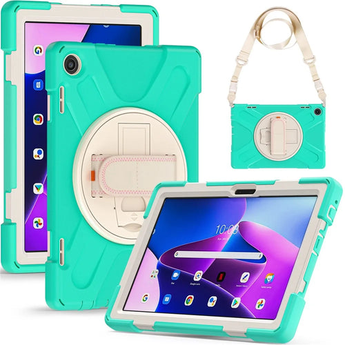 For Lenovo Tab M10 (Gen 3) TB-328FU / TB-328XU Rotary Hand Strap Kickstand Tablet Case PC + Silicone Shockproof Cover with Shoulder Strap - Mint Green - 1