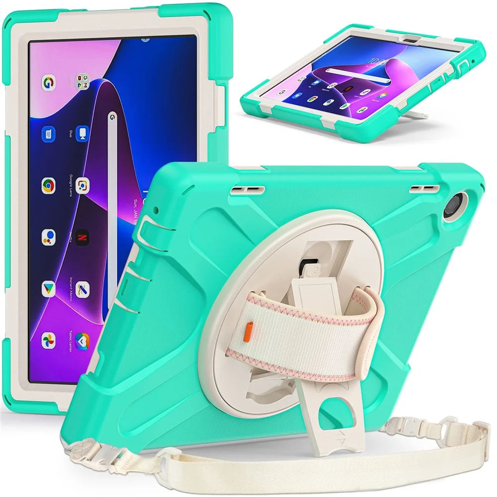 For Lenovo Tab M10 (Gen 3) TB-328FU / TB-328XU Rotary Hand Strap Kickstand Tablet Case PC + Silicone Shockproof Cover with Shoulder Strap - Mint Green - 2