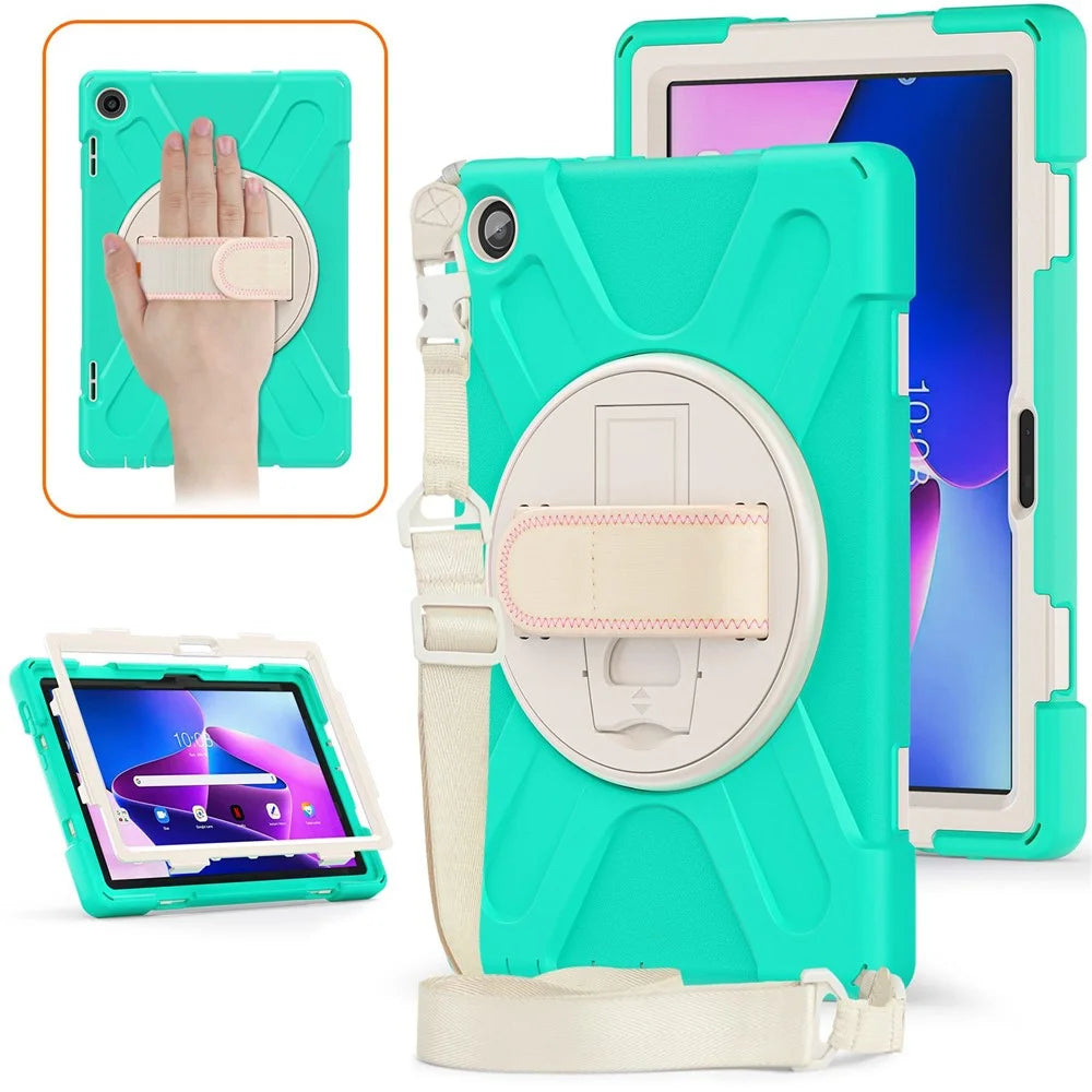 For Lenovo Tab M10 (Gen 3) TB-328FU / TB-328XU Rotary Hand Strap Kickstand Tablet Case PC + Silicone Shockproof Cover with Shoulder Strap - Mint Green - 4