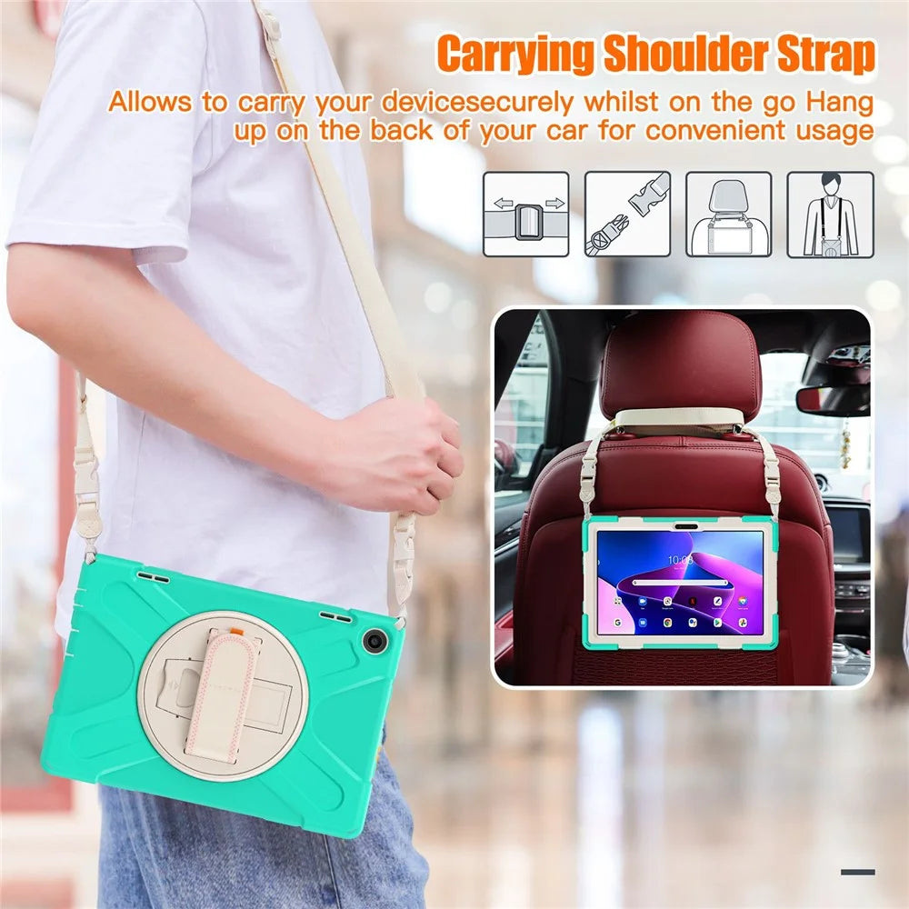For Lenovo Tab M10 (Gen 3) TB-328FU / TB-328XU Rotary Hand Strap Kickstand Tablet Case PC + Silicone Shockproof Cover with Shoulder Strap - Mint Green - 5